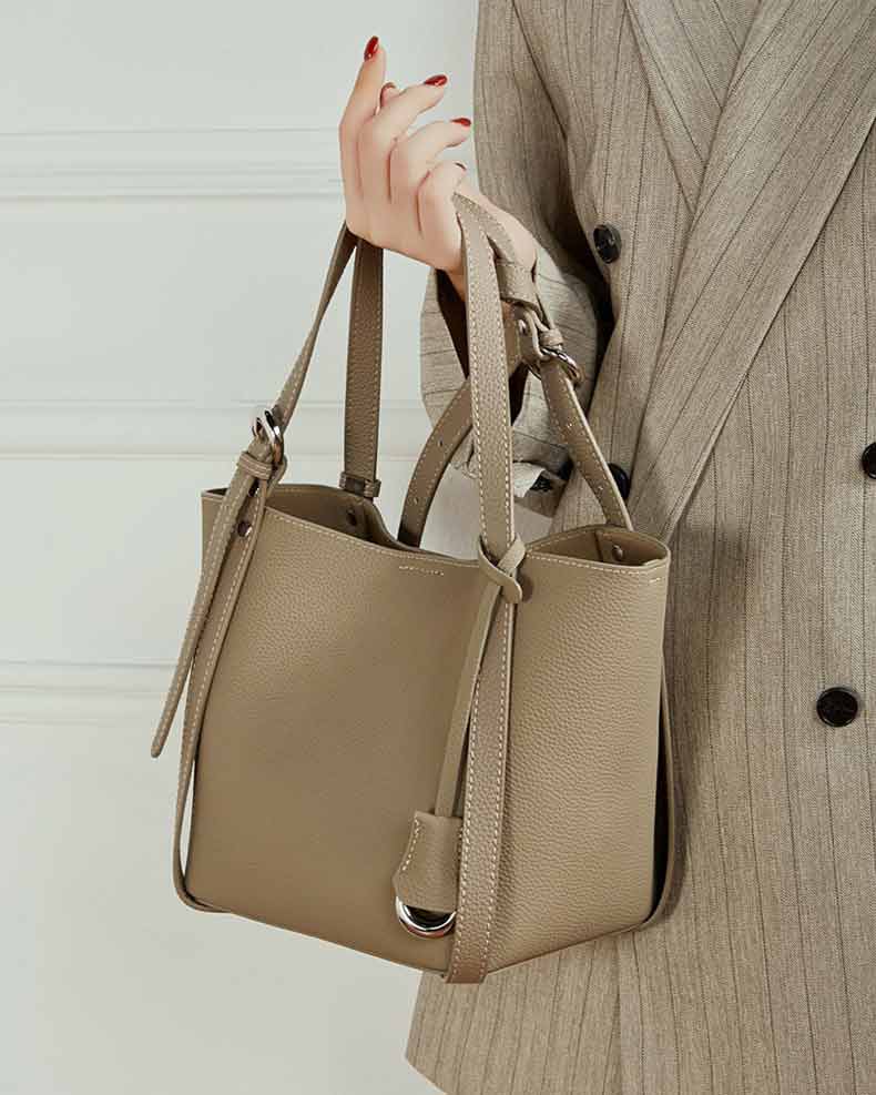 women gray Genuine Leather Bucket Bag