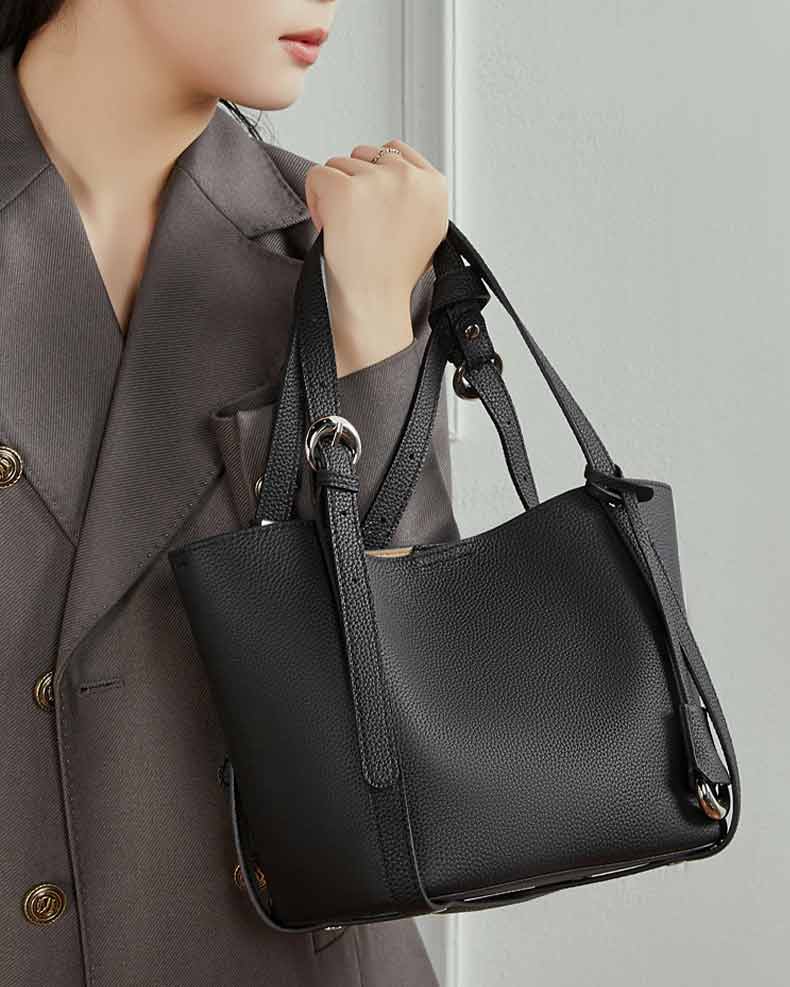 women black Genuine Leather Bucket Tote Bag