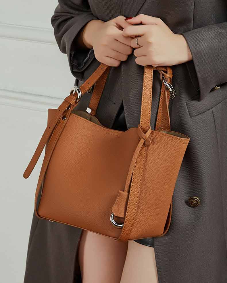 women brown Genuine Leather Bucket Tote Bag