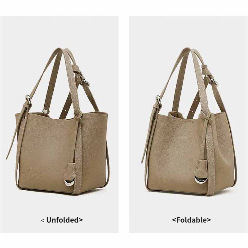 gray handbag shown unfolded and foldable