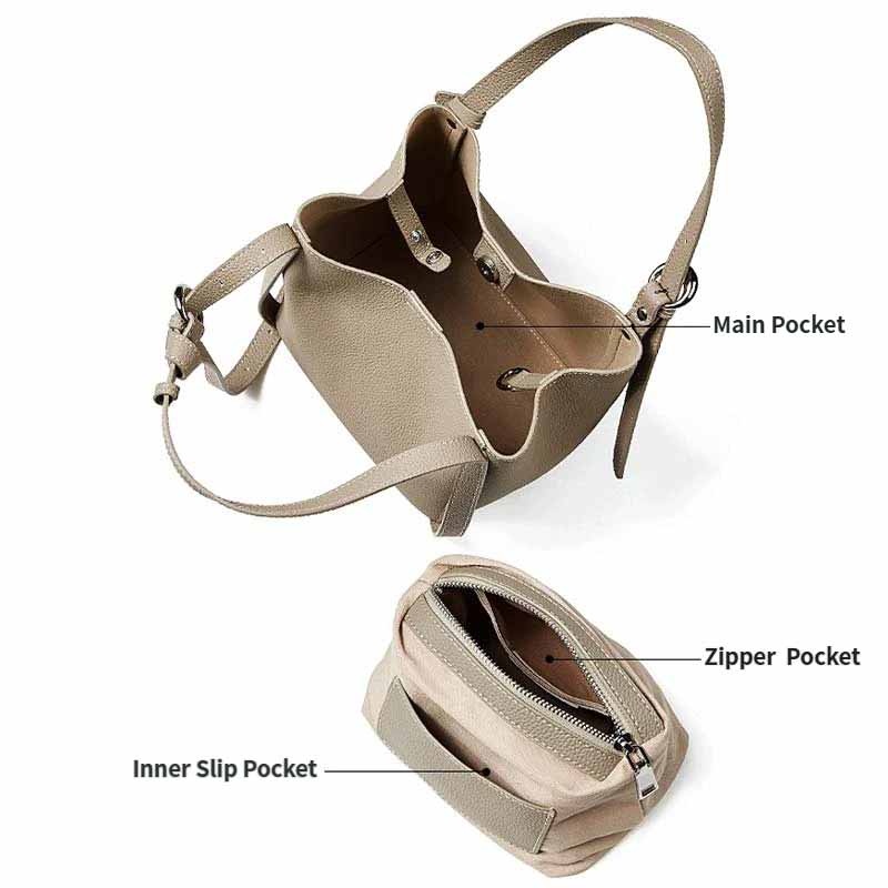 gray Genuine Leather Bucket Tote Bag and Removable Inner Pouch