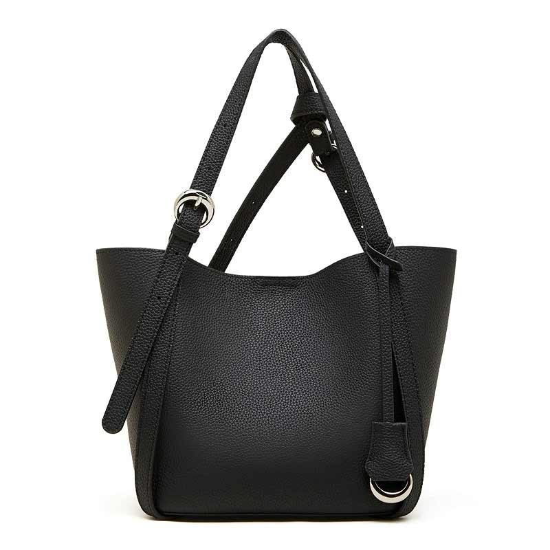 black Genuine Leather Bucket Tote Bag