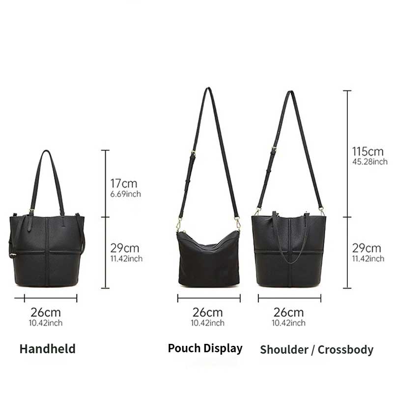 Black handbag with measurements for handheld, pouch display, and shoulder/crossbody use