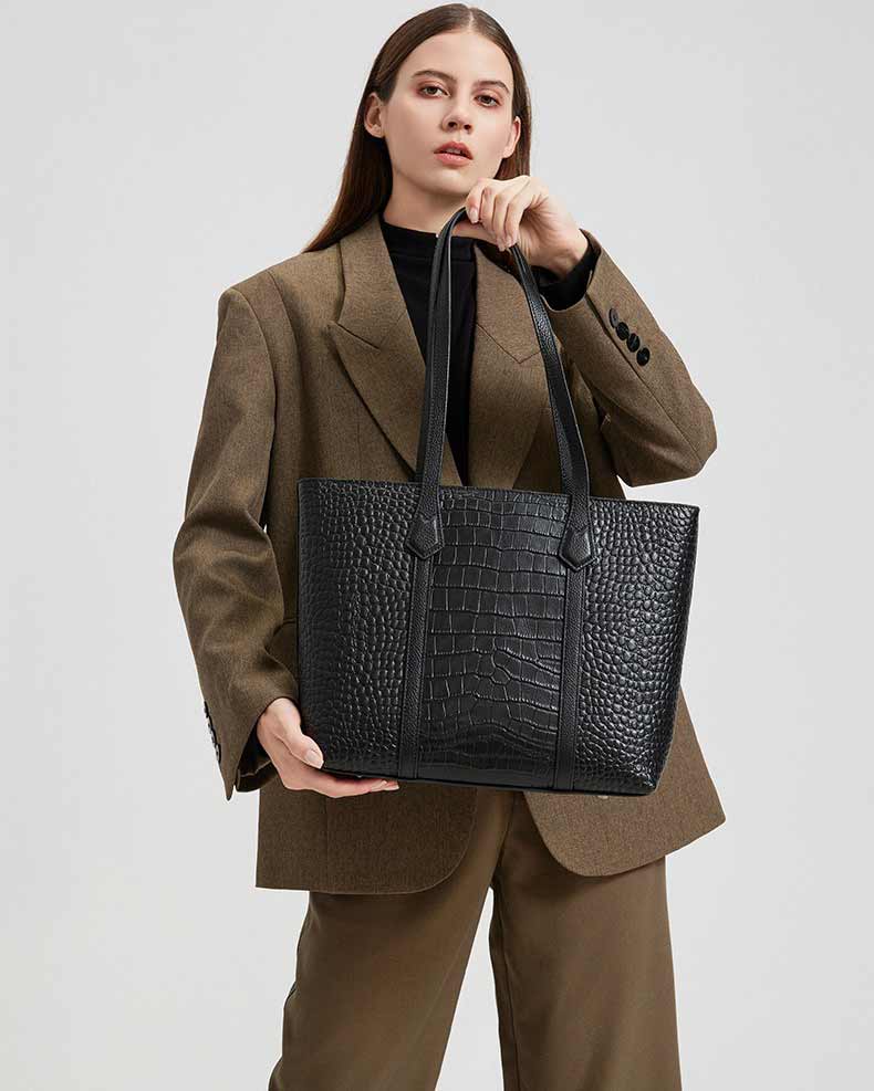 Women's black Genuine Leather Croc-Embossed Structured Tote Bag