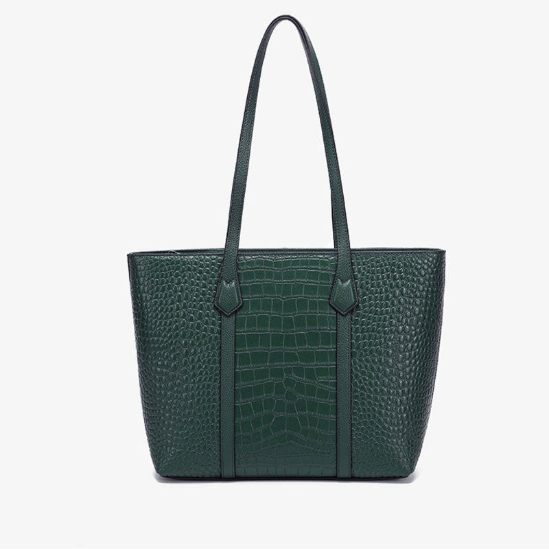 green Genuine Leather Croc-Embossed Structured Tote Bag