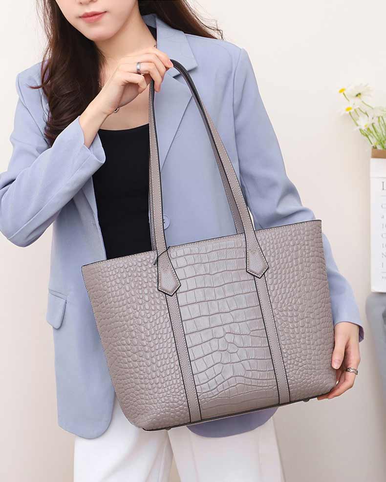 Women's gray Leather Croc-Embossed Structured Tote Bag