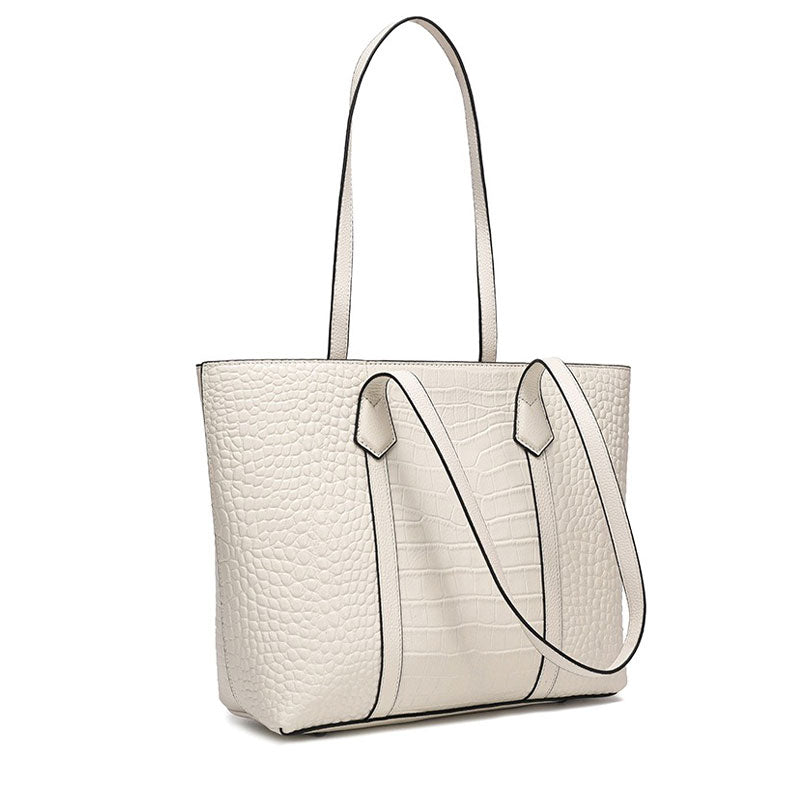 Leather Croc-Embossed Structured Tote Bag off-white