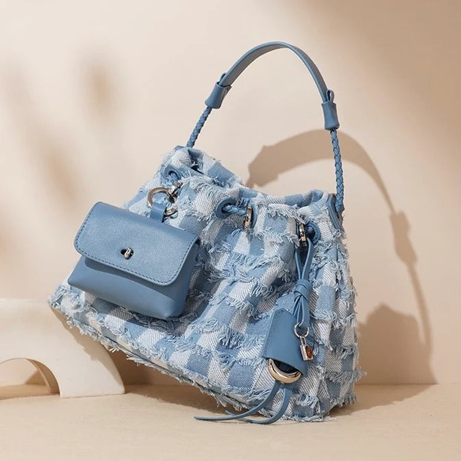 Women's Genuine Leather & Denim Colorblock Handheld Crossbody Bag | PRUSES