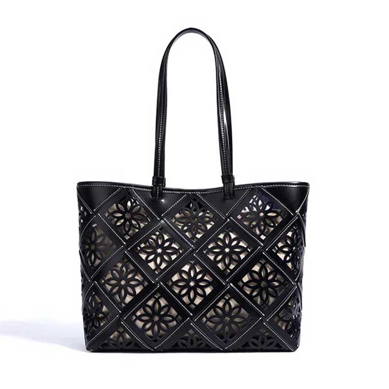 black Genuine Leather Floral Cutout Tote Bag