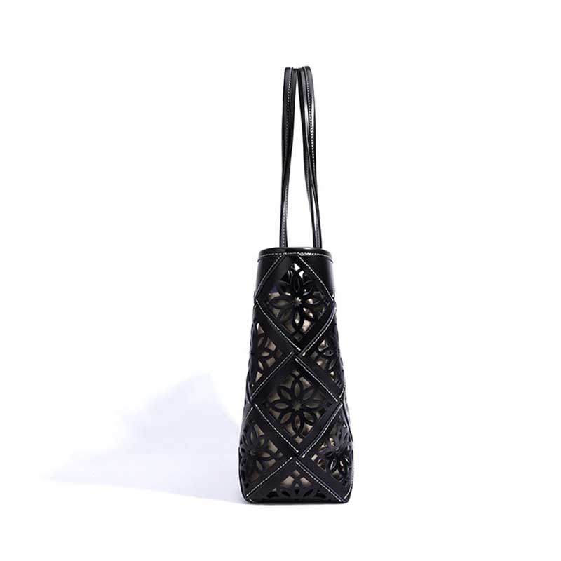 Black Genuine Leather Floral Cutout Tote Bag Side view