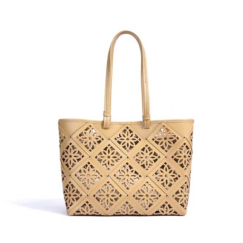 beige Genuine Leather Floral Cutout Tote Bag