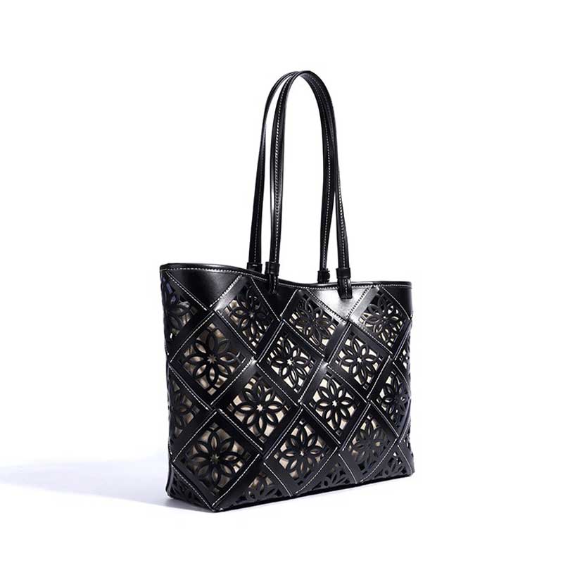 Black Leather Floral Cutout Tote Bag
