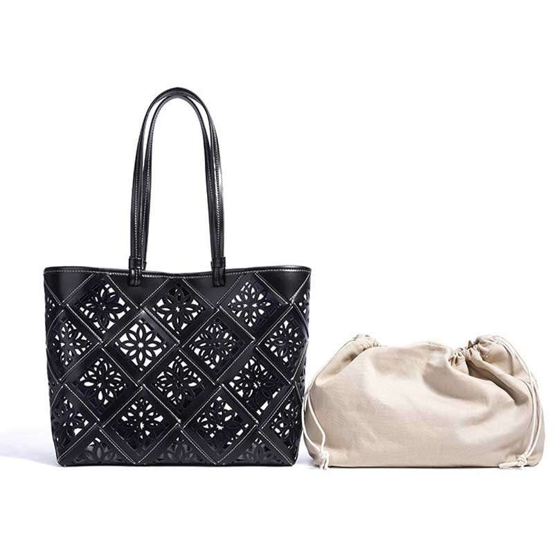 Black perforated handbag and beige drawstring bag