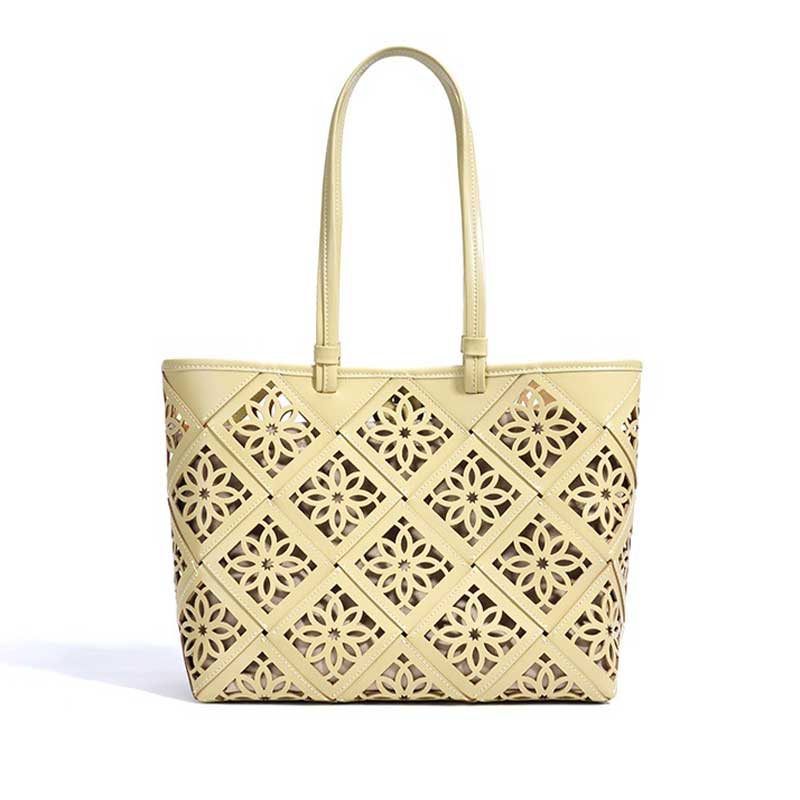 yellow Genuine Leather Floral Cutout Tote Bag