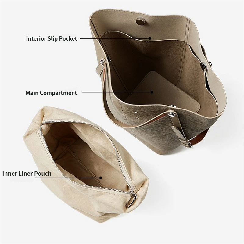 gray handbag with labeled compartments