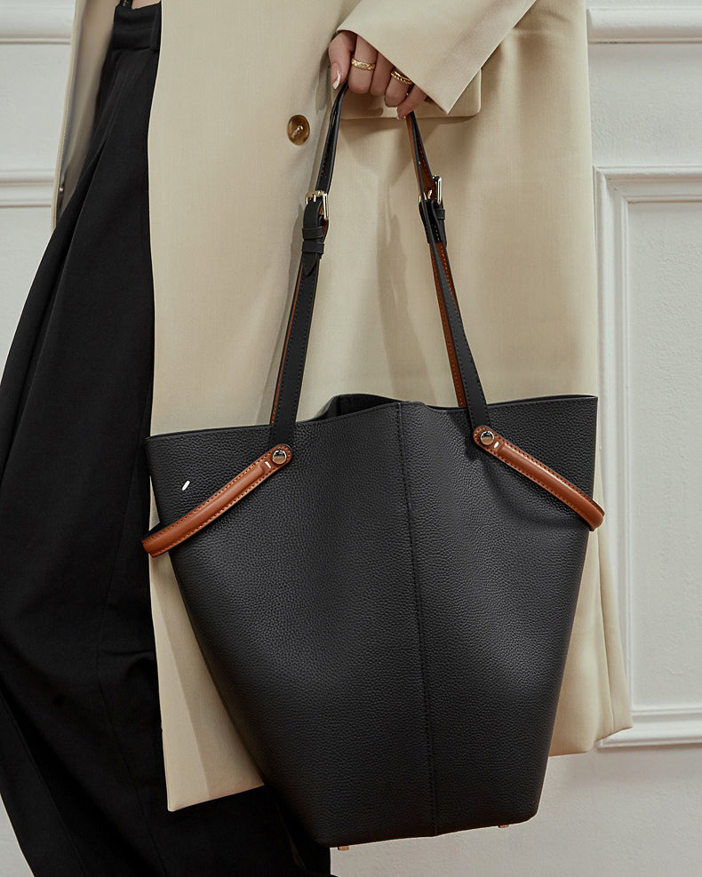 BLACK Genuine Leather Bucket Bag