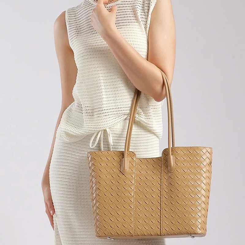 Women's khaki Genuine Leather Large Capacity Woven Tote Bag