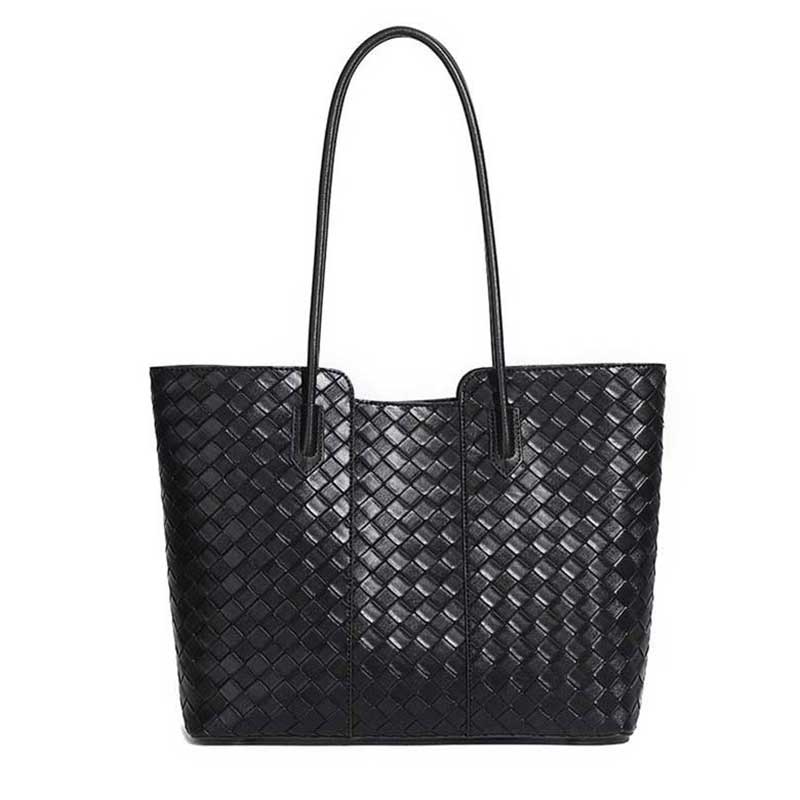 black Genuine Leather Large Capacity Woven Tote Bag