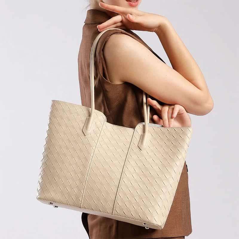 Women's off-white Genuine Leather Large Capacity Woven Tote Bag