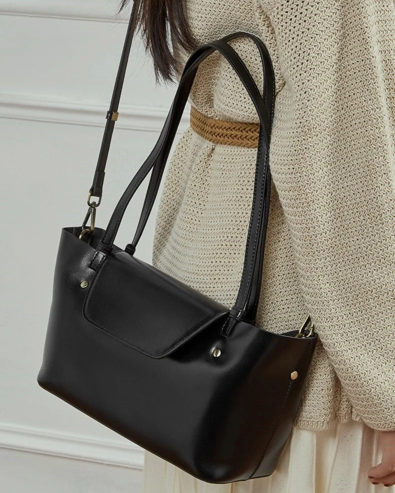 Women's black cowhide Leather Large Structured Tote Bag