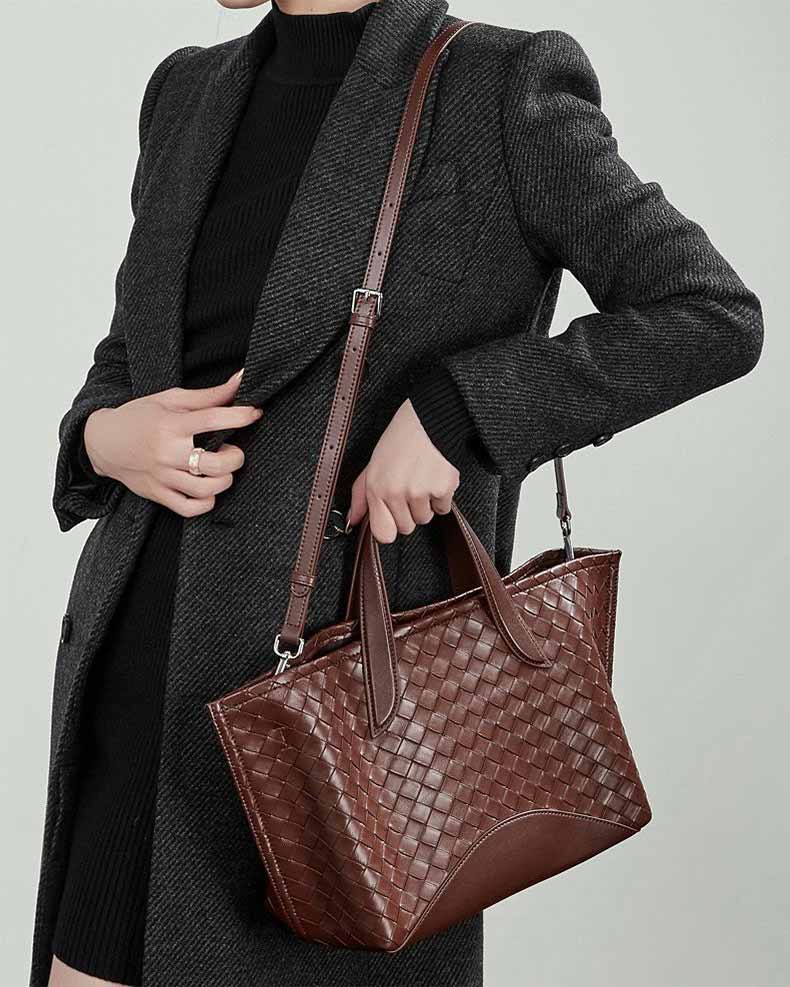 Women's burgundy Genuine Leather Large Handwoven Tote Bag