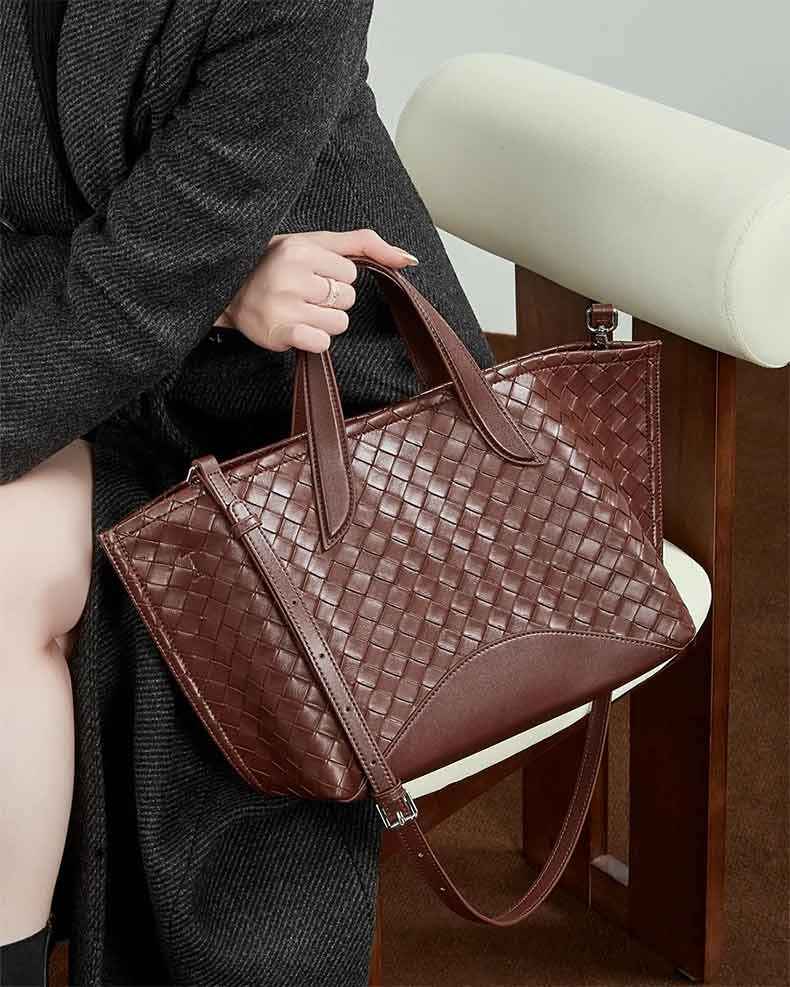 Women's burgundy Genuine Leather Large Woven Tote Bag