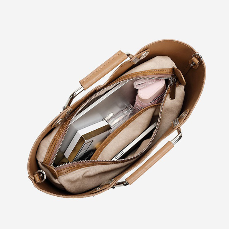 Open Khaki Genuine Leathe handbag with items