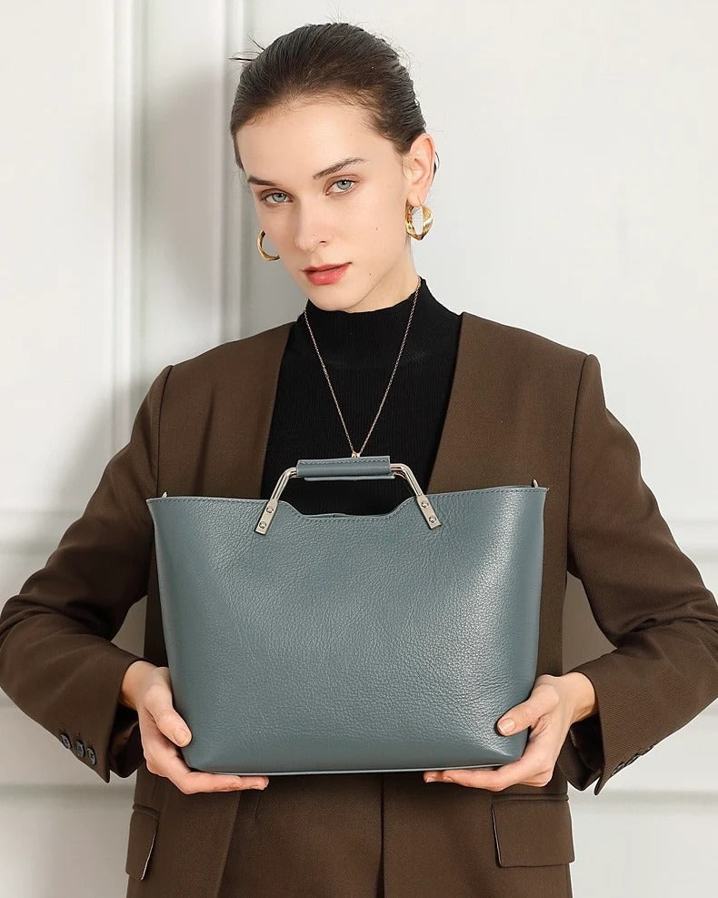 Blue Genuine Leather Metal Handle Large Tote Bag