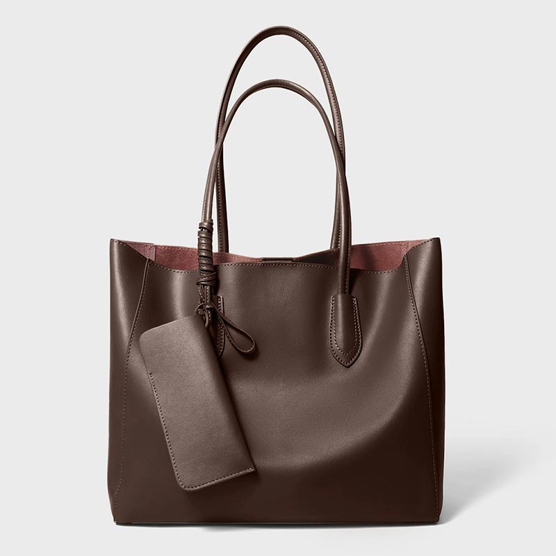coffee Genuine Leather Minimalist Tote Bag