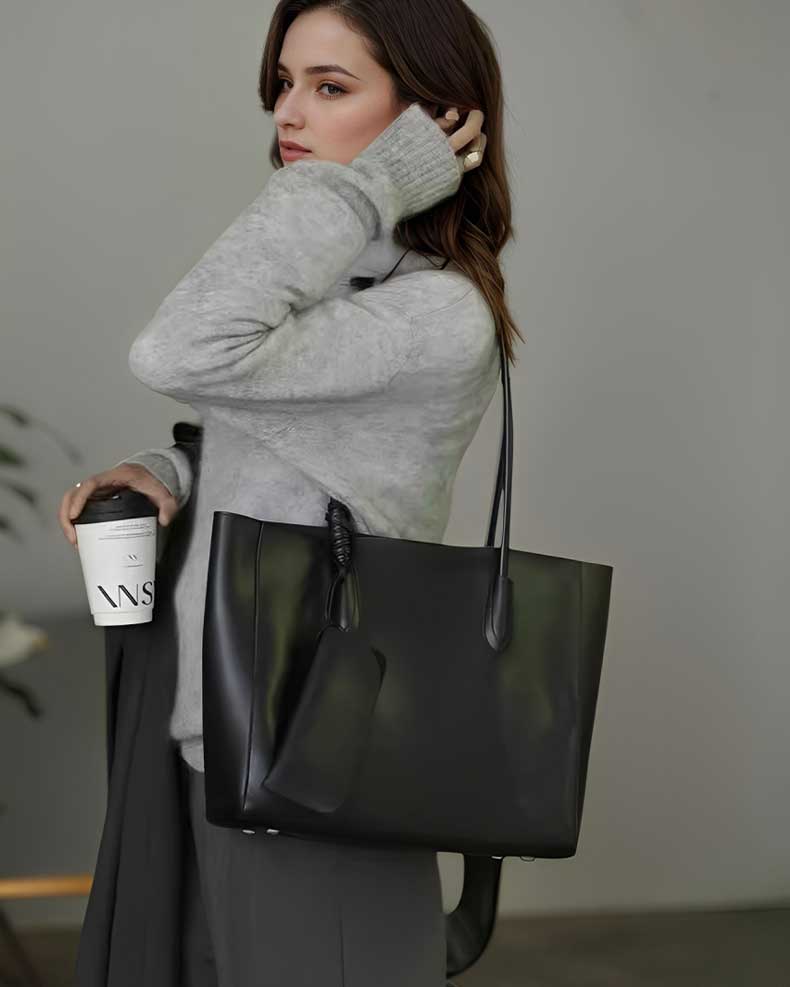 Women's black Leather Minimalist Tote Bag