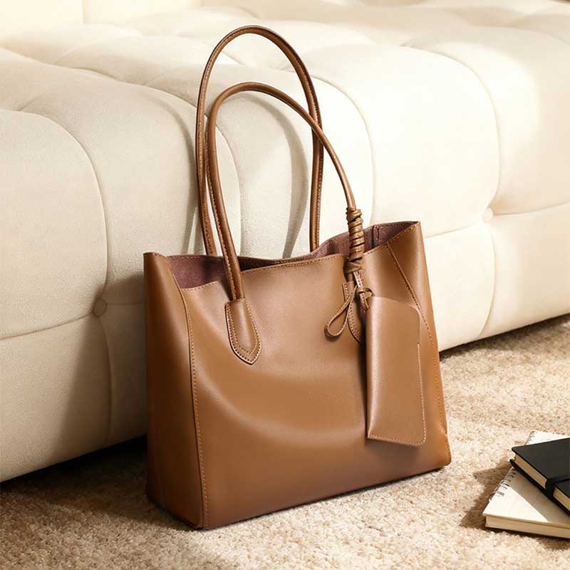 brown Genuine Leather Minimalist Tote Bag with Inner Pouch