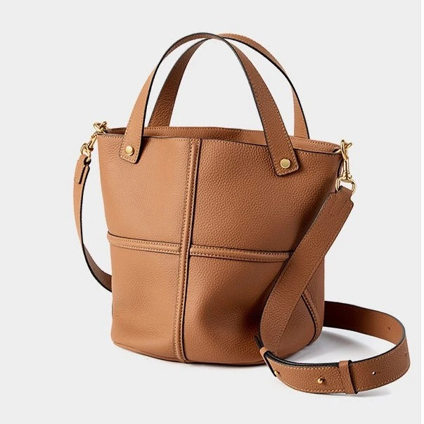 Brown leather Panel Stitch handbag with a shoulder strap