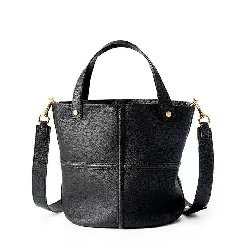 black Genuine Leather Panel Stitch Bucket Bag