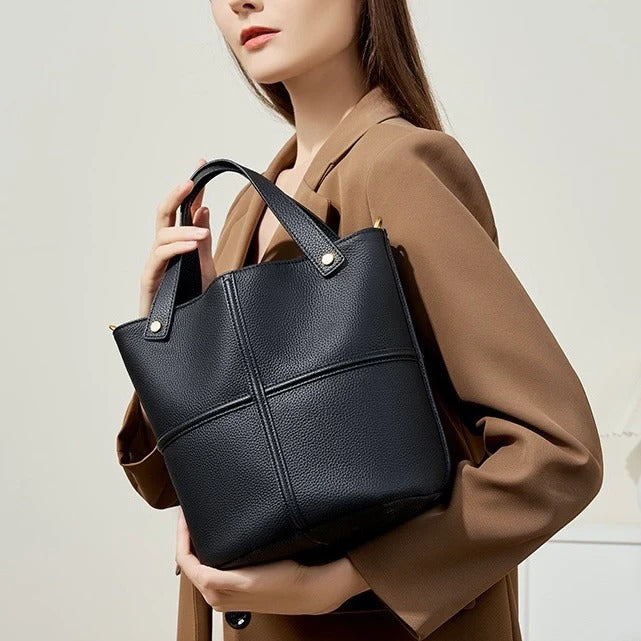Women black Leather Panel Stitch Bucket Bag