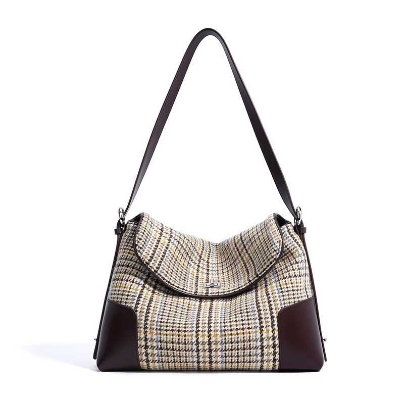 coffee Genuine Leather Patchwork Houndstooth Bag