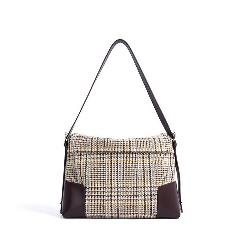 coffee Leather Patchwork Houndstooth Bag back view