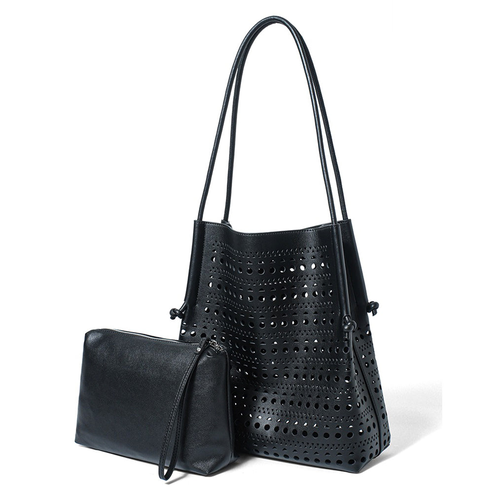 cowhide Black perforated handbag with matching pouch