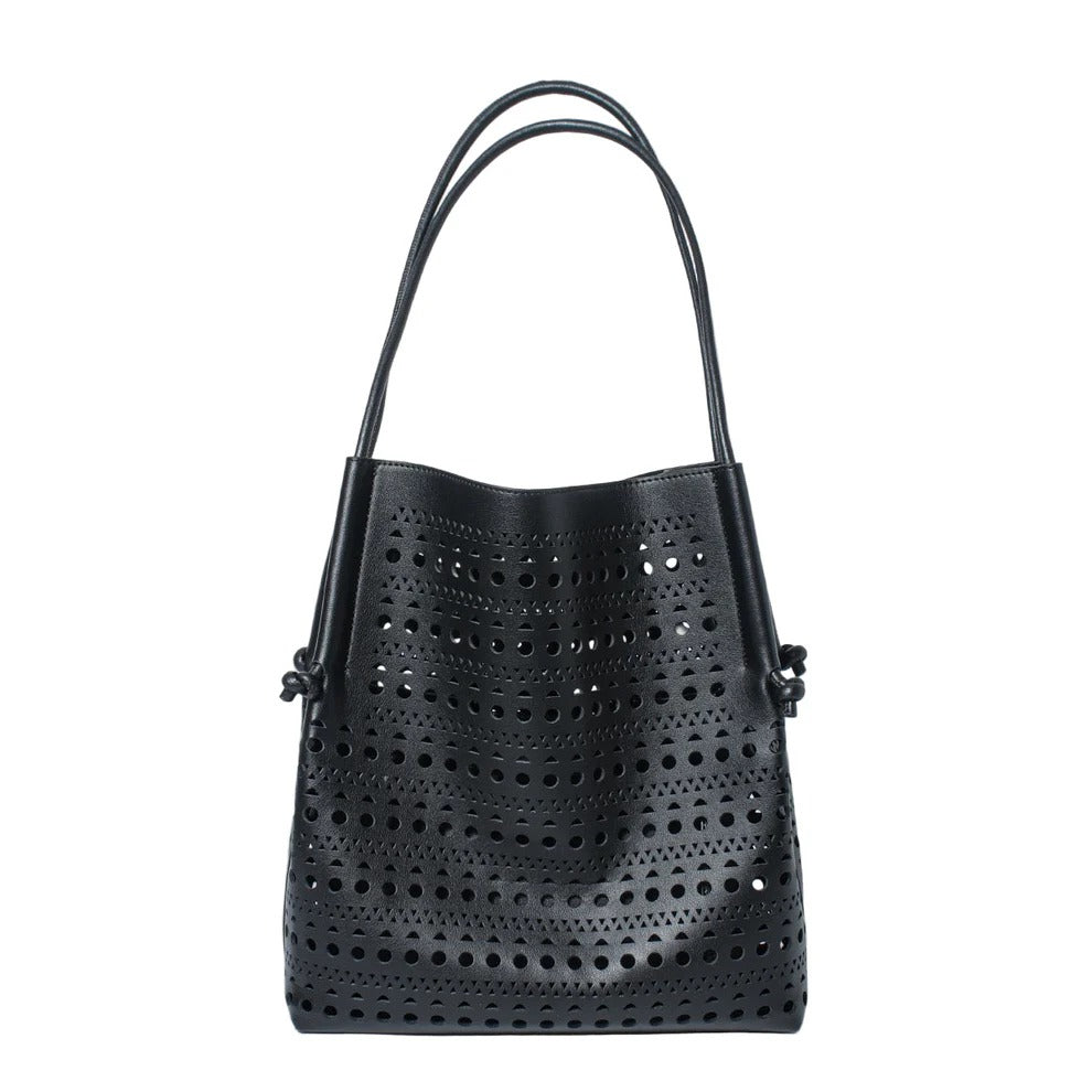 Women's black Genuine Leather Perforated Tote Bag
