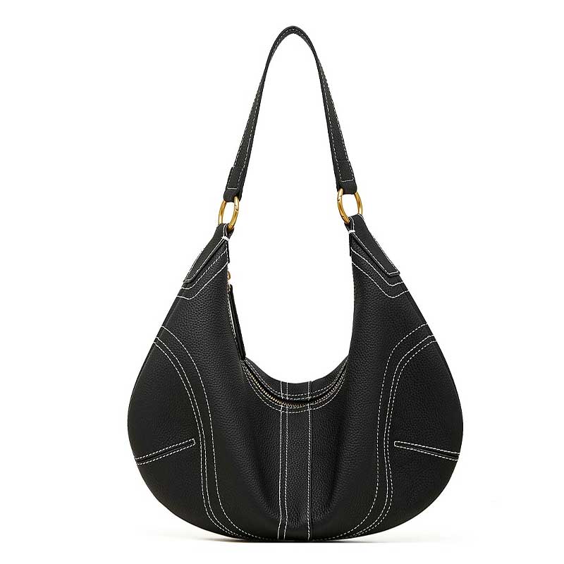 black Genuine Leather Slouchy Hobo Bag with Contrast Stitching