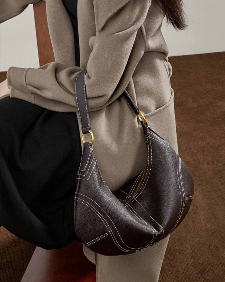 Women's coffee Leather Slouchy Hobo Bag with Contrast Stitching