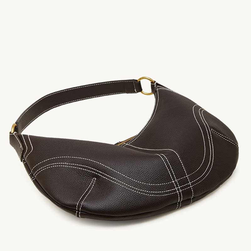 coffee Genuine Leather Slouchy Hobo Bag with Contrast Stitching bottom