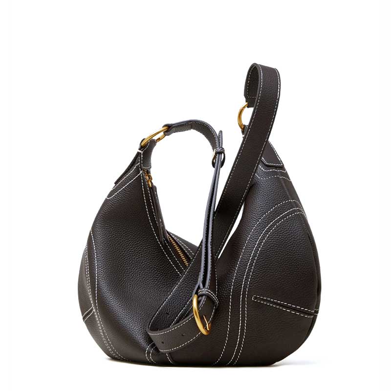 coffee Leather Slouchy Hobo Bag with Contrast Stitching