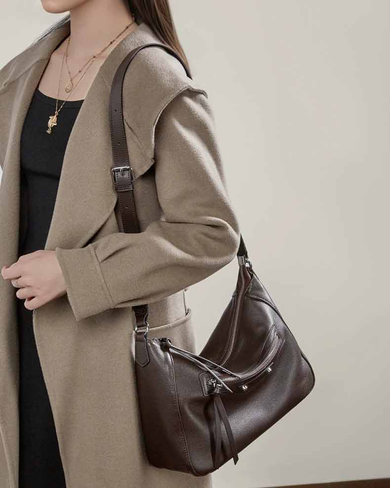 Women coffee Genuine Leather Slouchy Hobo Shoulder Bag