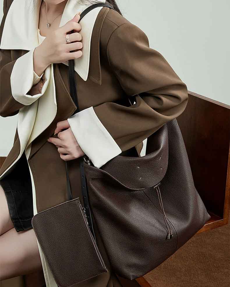 Women's coffee Genuine Leather Slouchy Hobo Shoulder Bag