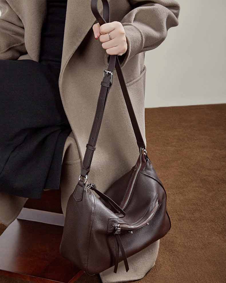 Womens coffee Genuine Leather Slouchy Hobo Shoulder Bag