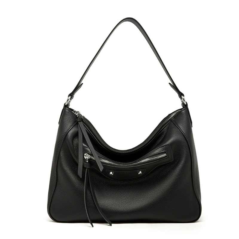 black Genuine Leather Slouchy Hobo Shoulder Bag