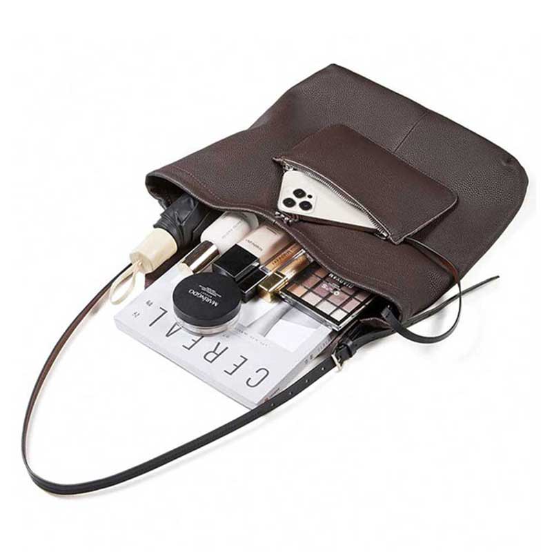 coffee leather pouch with makeup items