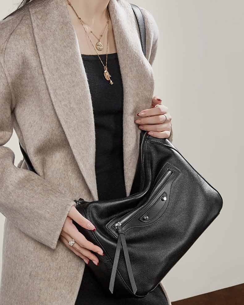 Women black Leather Slouchy Hobo Shoulder Bag
