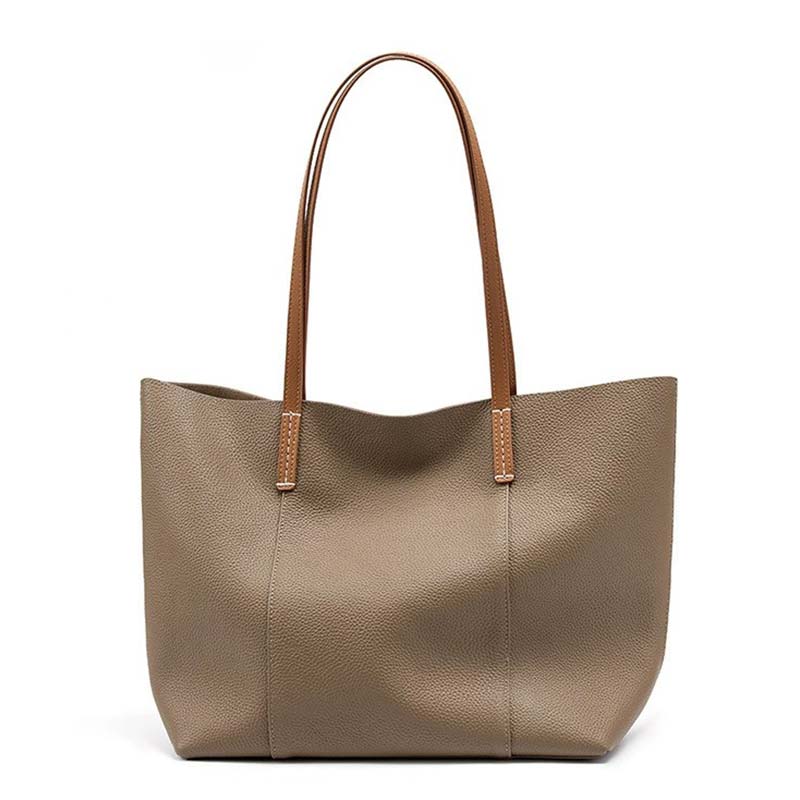 gray Genuine Leather Soft Minimalist Tote Bag
