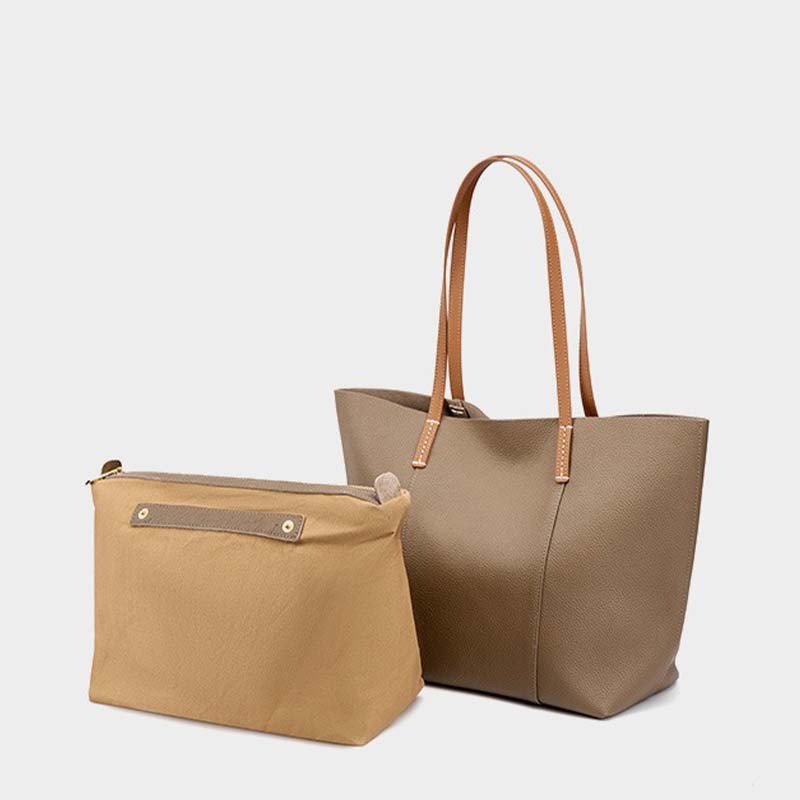 Gray Genuine Leather Soft Minimalist Tote Bag and Bag inner pouch